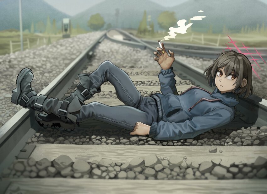1girl between_fingers blue_archive brown_hair chickenapple33 cigarette full_body halo highres holding holding_cigarette landscape looking_to_the_side lying misaki_(blue_archive) mountain on_back on_railroad_tracks outdoors pants pink_halo railroad_crossing railroad_tracks road rock scenery short_hair sky smoke smoke_trail tree yellow_eyes