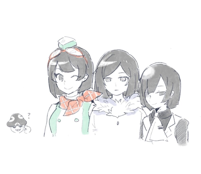 1girl 2boys bare_shoulders black_eyes black_hair coat digimon digimon_(creature) digimon_story:_cyber_sleuth digimon_story:_time_stranger digimon_world_re:digitize dress goggles green_dress green_hat group_picture hat highres in-franchise_crossover kamishiro_yuugo kuga_yuuya multiple_boys mushmon one_eye_closed simple_background sleeveless sleeveless_dress smile trait_connection upper_body white_background white_coat white_dress ybhk77 yuuki_kanan yuuki_kanan