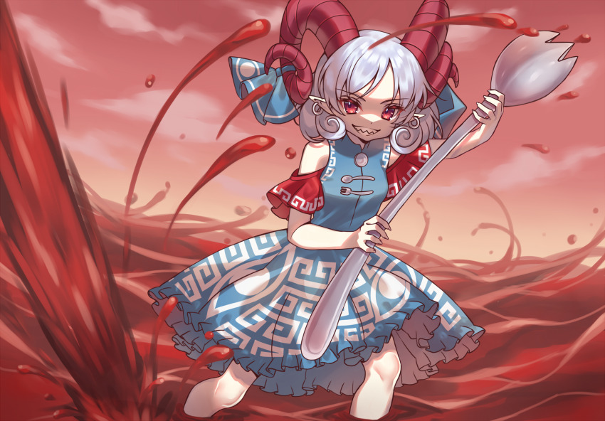 1girl ambiguous_red_liquid arm_up bare_shoulders blue_bow bow buttons clothing_cutout cloud cloudy_sky commentary dress earrings english_commentary eye_print frilled_dress frills grin highres holding holding_spork hoop_earrings horn_bow horn_ornament horns jewelry looking_at_viewer meandros oversized_object patterned_clothing pointy_ears pouring red_eyes red_horns red_sleeves sharp_teeth sheep_horns short_hair short_sleeves shoulder_cutout sky smile solo spork teeth touhou toutetsu_yuuma wading walking watashishi white_hair