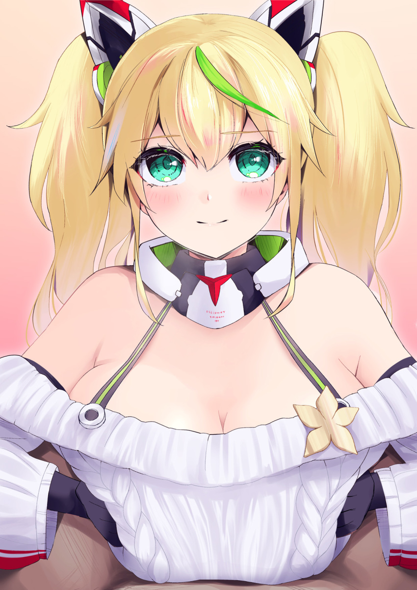 1boy 1girl anesaki bare_shoulders black_gloves blonde_hair blush breast_press breasts breasts_squeezed_together cleavage closed_mouth commentary dark-skinned_male dark_skin elbow_gloves eyelashes forehead gene_(pso2) gloves gradient_background green_eyes green_hair hair_between_eyes hair_ornament hetero highres implied_paizuri large_breasts long_sleeves looking_at_viewer multicolored_hair off-shoulder_sweater off_shoulder paizuri paizuri_under_clothes phantasy_star phantasy_star_online_2 robot_ears simple_background smile solo_focus split_mouth sweater twintails two-tone_hair upper_body white_sleeves