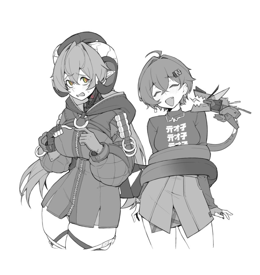 2girls ahoge asymmetrical_gloves belle_(zenless_zone_zero) breasts closed_eyes clothes_around_waist commentary english_commentary fang fingerless_gloves frze18 gloves green_eyes hair_between_eyes hat highres holding holding_with_tail hood hood_down horns jacket jacket_around_waist long_sleeves magus_(zenless_zone_zero) mismatched_gloves multiple_girls open_mouth orphie_magnusson pointy_ears prehensile_tail spot_color tail tail_wrap zenless_zone_zero zipper