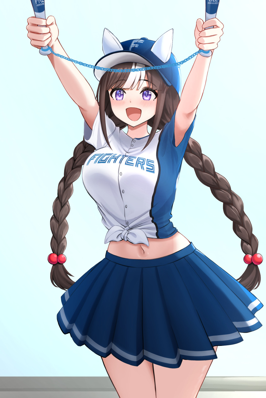 absurdres braid commentary_request commission gokusei hair_between_eyes hair_ornament hat highres hokkaido_nippon-ham_fighters hokko_tarumae_(umamusume) horse_girl long_braid long_hair midriff navel nippon_professional_baseball open_mouth purple_eyes simple_background skeb_commission sweat thighs twin_braids umamusume