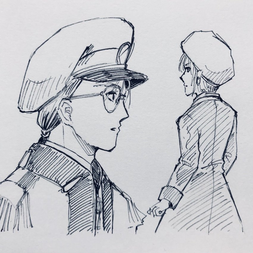 1boy 1girl beret epaulettes glasses hat highres jenius_maximilian jenius_milia macross macross_7 military military_hat military_uniform paper pointy_ears ponytail short_hair yumekijiiro