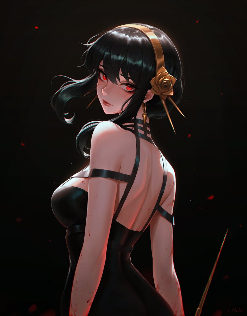 1girl absurdres alisa_nilsen bare_shoulders black_background black_dress black_hair blood blood_on_arm blood_on_face bloody_weapon breasts commentary dagger dress earrings floating_hair flower_hairband from_behind glowing glowing_eyes gold_earrings gold_hairband hair_between_eyes hairband highres holding holding_weapon jewelry knife large_breasts lips long_hair looking_at_viewer looking_back red_eyes red_lips sidelocks solo spy_x_family stiletto_(weapon) upper_body weapon yor_briar