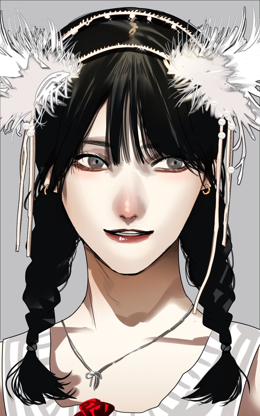 1girl aespa black_hair braid commentary dated_commentary earrings grey_background grey_eyes gunjyou_(gunjyou_00) highres jewelry long_hair looking_at_viewer necklace ningning_(aespa) parted_lips solo twin_braids upper_body