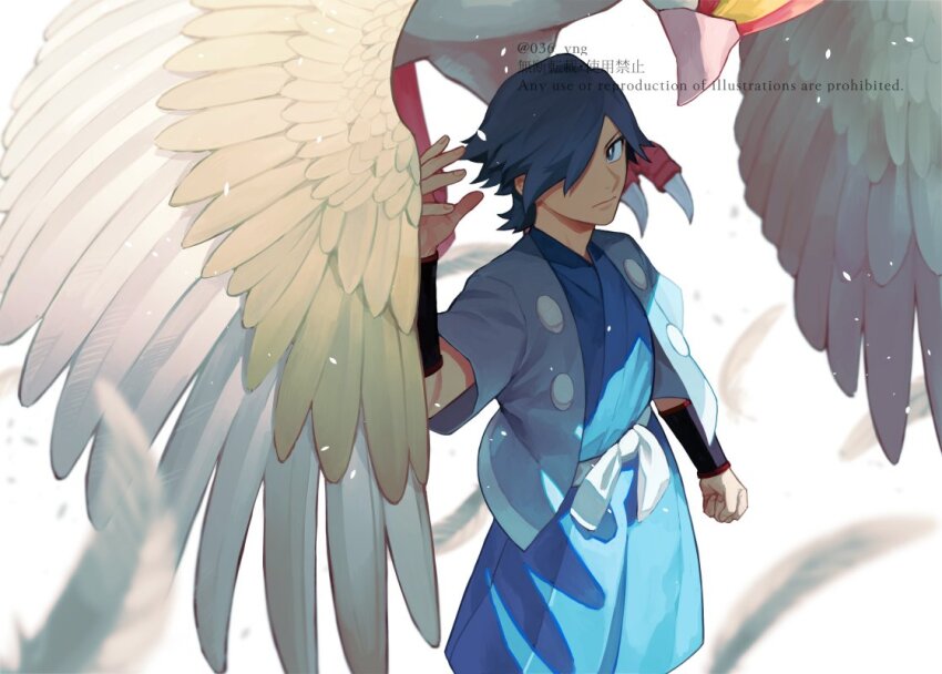 1boy bird blue_eyes blue_hair blue_kimono bright_pupils closed_mouth commentary_request falkner_(pokemon) gen_1_pokemon hair_over_one_eye hakama hakama_shorts hand_up haori jacket japanese_clothes kimono looking_at_viewer male_focus medium_hair nintendo open_clothes open_jacket pidgeot pokemon pokemon_(creature) pokemon_hgss shorts twitter_username watermark white_pupils y_(036_yng)