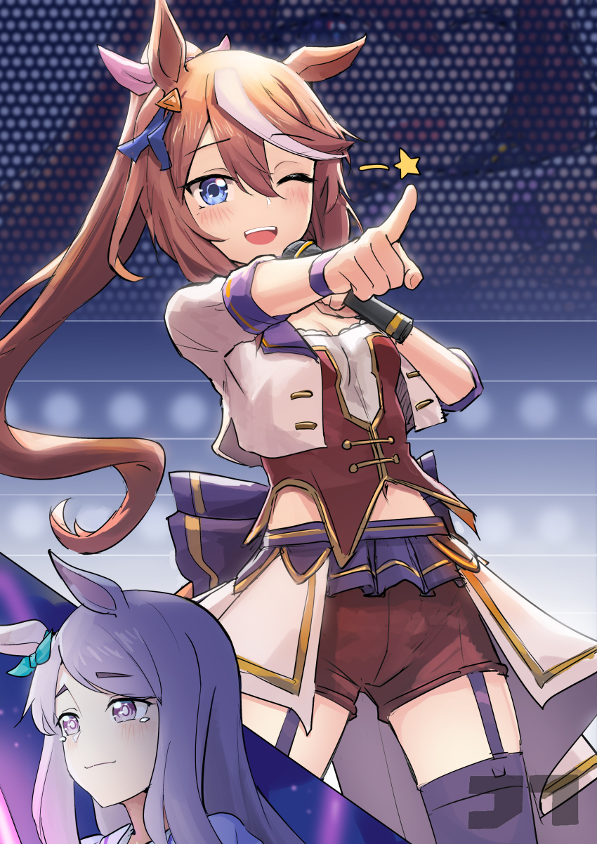 2girls absurdres animal_ears artist_logo blue_eyes blush breasts closed_mouth garter_straps hair_ornament highres holding holding_microphone horse_ears jacket jtleeklm logo long_hair mejiro_mcqueen_(umamusume) microphone multicolored_hair multiple_girls one_eye_closed open_clothes open_jacket open_mouth outstretched_arm pointing ponytail purple_hair purple_thighhighs red_shorts red_vest shirt shorts showgirl_skirt skirt small_breasts smile stage standing star_(symbol) starting_future_(umamusume) streaked_hair tearing_up thighhighs tokai_teio_(umamusume) umamusume vest watermark white_jacket white_shirt white_skirt