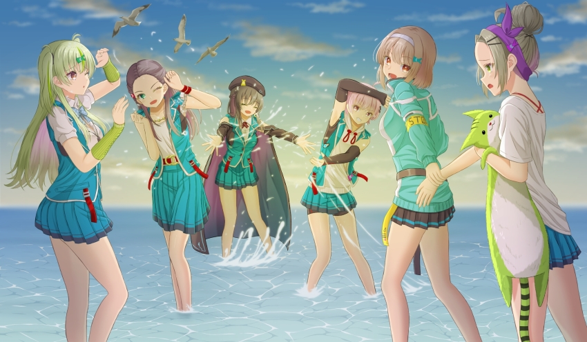 6+girls ahoge bangs_pinned_back beret blonde_hair bow_hairband braid breasts brown_hair fish_hair_ornament green_eyes green_hair hair_bun hair_ornament hairband half_up_braid hat heaven_burns_red highres large_breasts long_hair long_sleeves mochimugi_rice multicolored_hair multiple_girls ocean ooshima_ichiko ooshima_isuzu ooshima_minori ooshima_muua ooshima_niina ooshima_yotsuha open_mouth pleated_skirt red_eyes red_hair sextuplets short_hair siblings sisters skirt stuffed_toy team_31e_(heaven_burns_red) two_side_up yellow_eyes