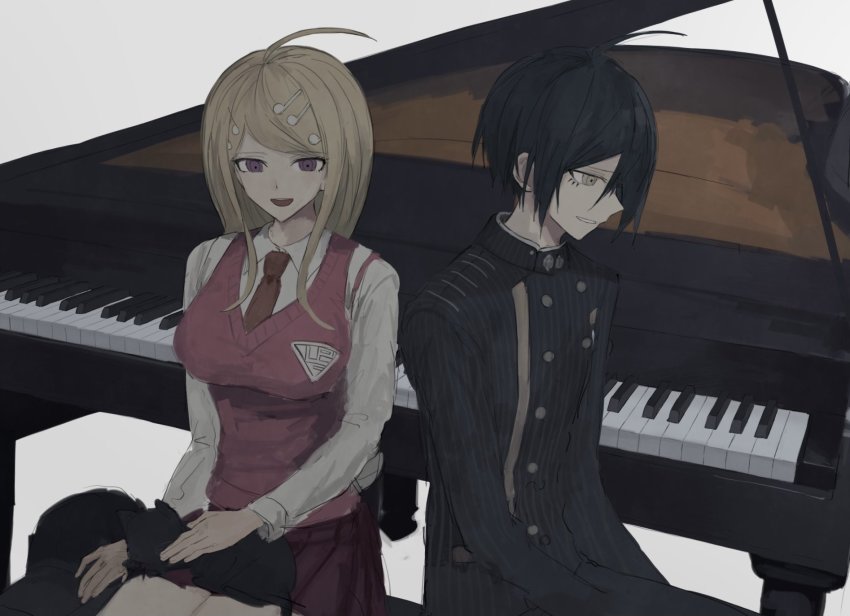 :d ahoge akamatsu_kaede animal animal_on_lap black_cat black_hair black_headwear black_jacket black_pants breasts brown_eyes brown_neckwear buttons cat cat_on_lap collared_shirt danganronpa_(series) danganronpa_v3:_killing_harmony double-breasted fortissimo grey_shirt hair_ornament hat highres instrument iumi_urura jacket large_breasts long_sleeves looking_down musical_note musical_note_hair_ornament necktie on_lap open_mouth pants piano pink_vest pleated_skirt profile purple_eyes purple_skirt saihara_shuichi shirt short_hair sketch skirt smile striped_clothes striped_jacket teeth unworn_hat unworn_headwear upper_teeth_only vest