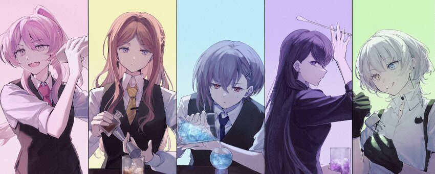 5girls absurdres artist_request bang_dream! bang_dream!_it&#039;s_mygo!!!!! black_gloves black_jacket black_vest blue_background blue_eyes blue_necktie brown_eyes brown_hair chihaya_anon cocktail_glass cocktail_shaker column_lineup commission cup diagonal-striped_clothes diagonal-striped_necktie drinking_glass earrings fang gloves green_background grey_eyes grey_hair hair_between_eyes hair_ornament hairclip heterochromia highres ice ice_cube jacket jewelry kaname_raana licking_lips long_hair long_hair_between_eyes long_sleeves multiple_girls mygo!!!!!_(bang_dream!) nagasaki_soyo necktie open_mouth pink_background pink_hair pink_necktie ponytail purple_background purple_eyes second-party_source shiina_taki shirt short_hair sidelocks single_earring striped_clothes takamatsu_tomori three-quarter_sleeves tie_clip tongue tongue_out vest white_shirt yellow_background yellow_necktie