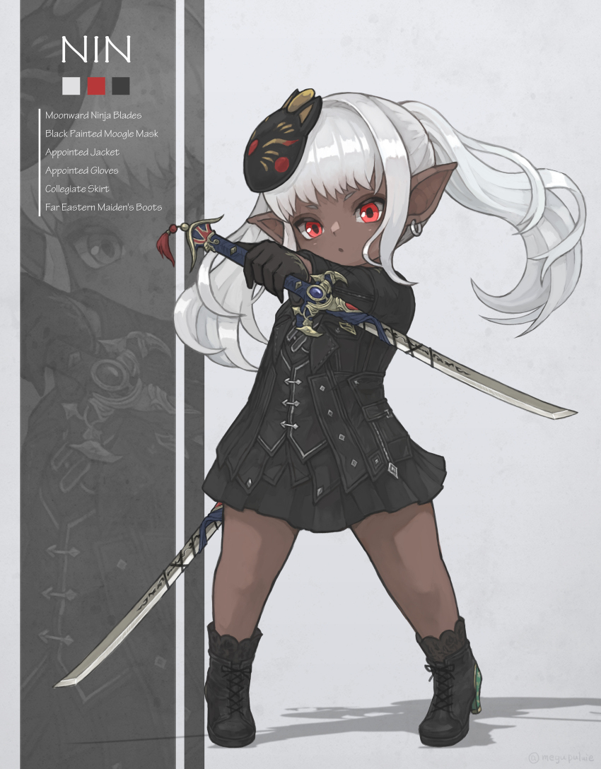 1girl black_footwear black_jacket black_shirt black_skirt boots closed_mouth cross-laced_footwear dagger dark-skinned_female dark_skin dot_mouth dual_wielding earrings english_text final_fantasy final_fantasy_xiv flat_chest full_body high_heel_boots high_heels highres holding holding_dagger holding_knife holding_weapon jacket jewelry knife lalafell long_bangs long_hair mask mask_on_head multiple_views ninja_(final_fantasy) pointy_ears puluie red_eyes shirt simple_background skirt warrior_of_light_(ff14) weapon white_hair