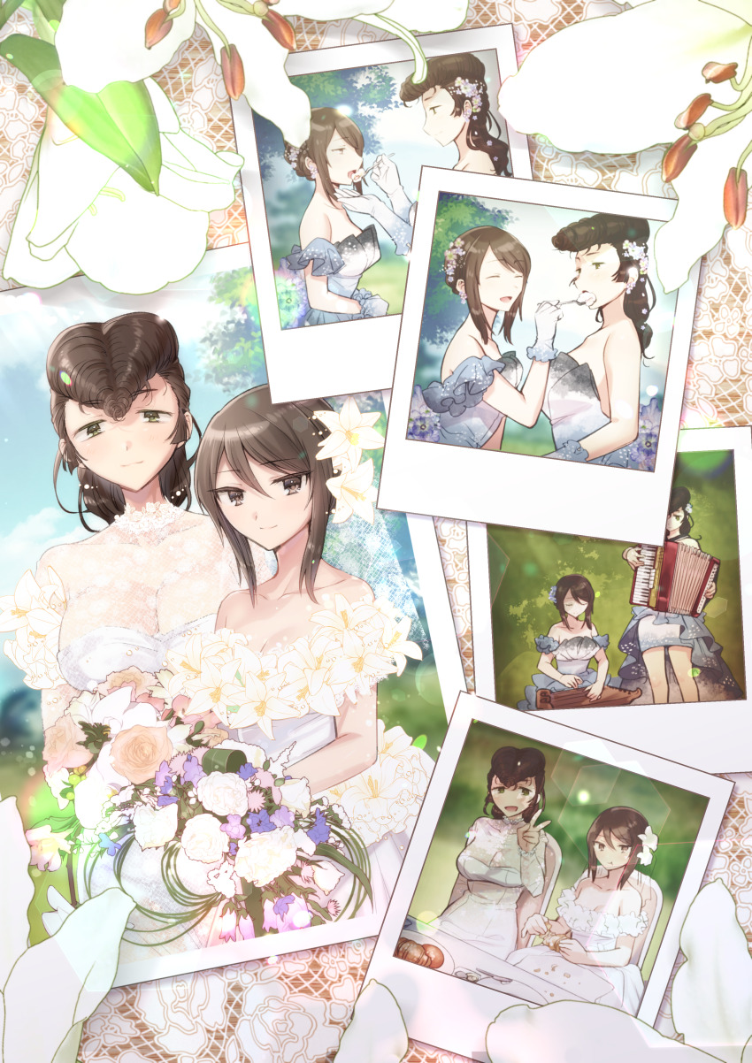 2girls absurdres accordion bare_shoulders blush bouquet breasts bride brown_eyes brown_hair cleavage closed_eyes closed_mouth collarbone dress feeding flower food girls_und_panzer green_eyes hair_flower hair_ornament highres instrument kantele koyama_harutarou lace large_breasts lily_(flower) long_hair looking_at_another looking_at_viewer medium_hair mika_(girls_und_panzer) multiple_girls open_mouth outdoors photo_(object) pompadour rose sky smile v wedding wedding_dress wife_and_wife yuri yuri_(girls_und_panzer)