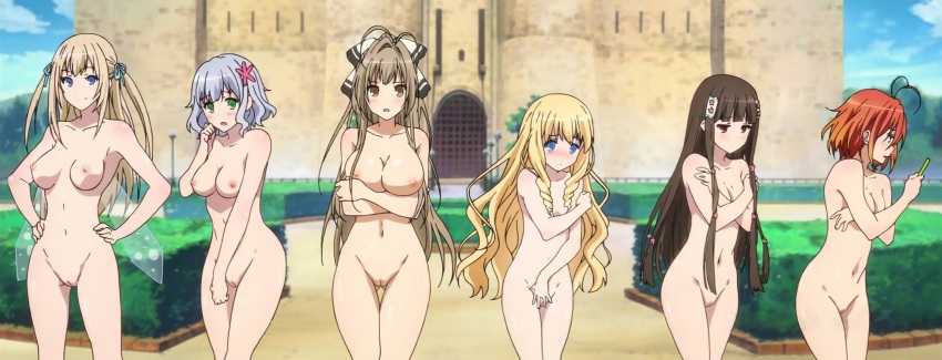 6+girls amagi_brilliant_park blonde_hair blue_eyes breasts brown_eyes brown_hair completely_nude green_eyes grey_hair hair_ornament highres koborii_(amaburi) latifa_fleuranza long_hair looking_at_viewer midriff multiple_girls muse_(amaburi) nipples nude nude_filter outdoors red_eyes red_hair salama_(amaburi) sento_isuzu short_hair standing sylphy_(amaburi) third-party_edit
