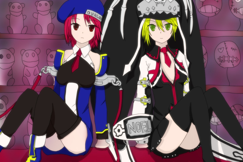 2girls arc_system_works bare_shoulders beret black_legwear blazblue blonde_hair boots breasts cleavage cosplay detached_sleeves gloves green_eyes guilty_gear guilty_gear_2 hat jester_cap miniskirt multiple_girls necktie noel_vermillion noel_vermillion_(cosplay) red_eyes red_hair short_hair sitting skirt thighhighs uniform valentine_(guilty_gear) valentine_(guilty_gear)_(cosplay) zettai_ryouiki