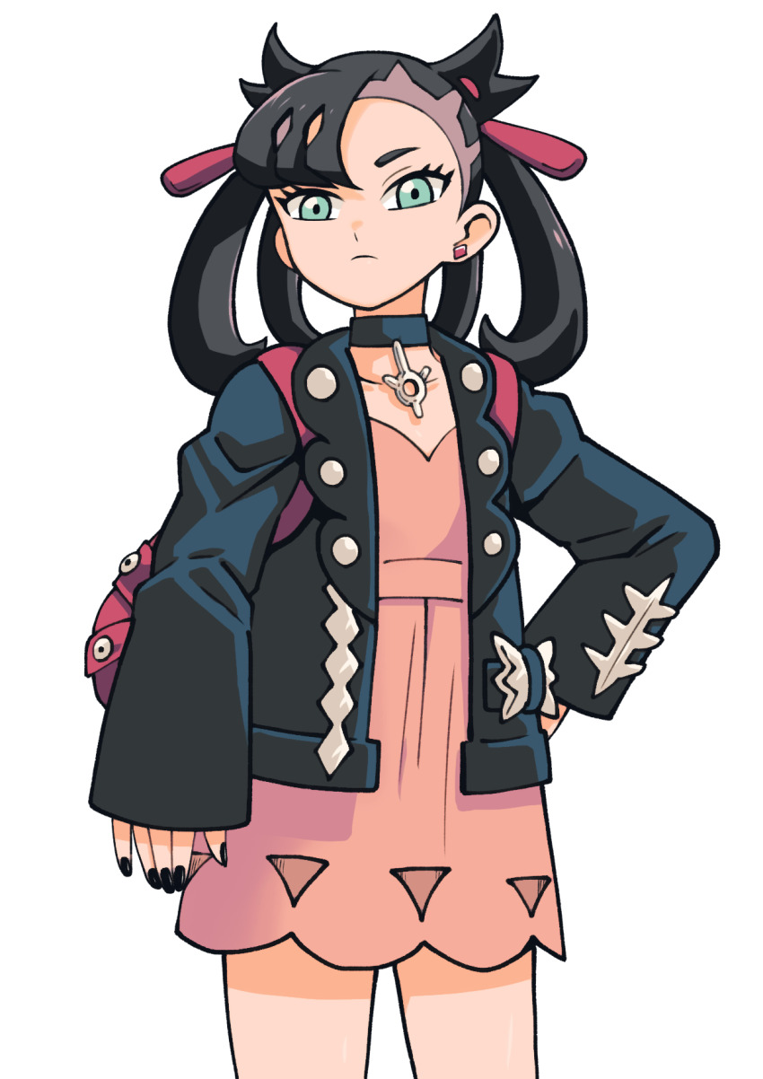 1girl asymmetrical_bangs backpack bag batchgooya black_collar black_hair black_jacket black_nails closed_mouth collar commentary_request cowboy_shot dress earrings eyelashes green_eyes hair_ribbon hand_on_own_hip highres jacket jewelry long_sleeves marnie_(pokemon) nail_polish nintendo pink_bag pink_dress pokemon pokemon_swsh ribbon simple_background solo white_background