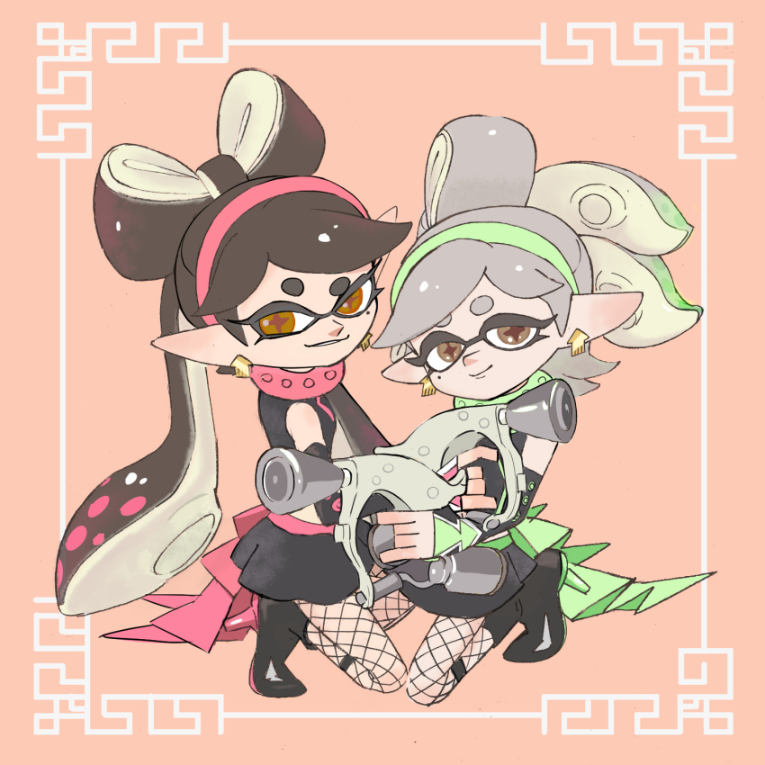 2girls black_hair boots bridal_gauntlets callie_(splatoon) collar domino_mask earrings elbow_gloves fingerless_gloves fishnet_pantyhose fishnets full_body gloves grey_hair hairband holding holding_weapon inkling jewelry ke_sarami kneeling long_hair looking_at_viewer marie_(splatoon) mask mole mole_under_eye multicolored_hair multiple_girls nintendo orange_background order_dualies_(splatoon) pantyhose pointy_ears skirt smile splatoon_(series) tentacle_hair twintails two-tone_hair weapon white_hair yellow_eyes