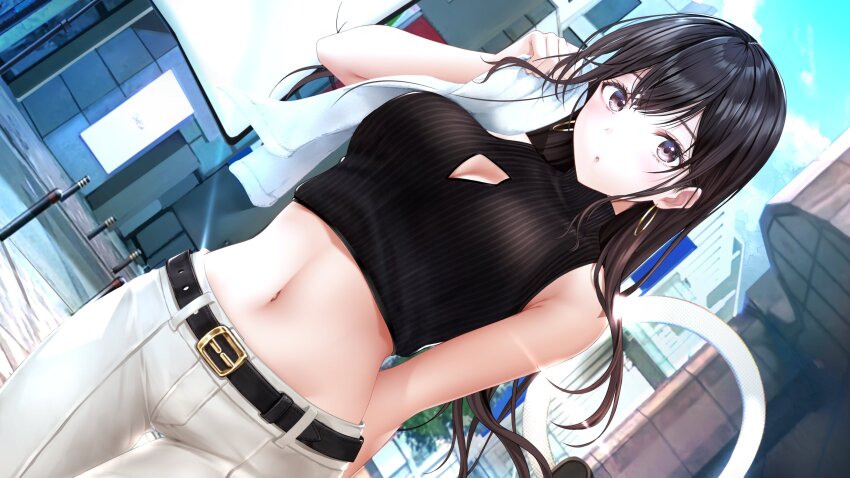 1girl bare_arms bare_shoulders belt black_belt black_hair black_sweater blue_sky breasts brown_pants character_request city cleavage cleavage_cutout clothing_cutout commentary_request cowboy_shot day dutch_angle handkerchief highres holding holding_handkerchief large_breasts long_hair looking_at_viewer midriff navel official_art pants parted_lips purple_eyes seifuku_kanojo sky sleeveless sleeveless_sweater solo stomach sweater turtleneck turtleneck_sweater wiping_sweat