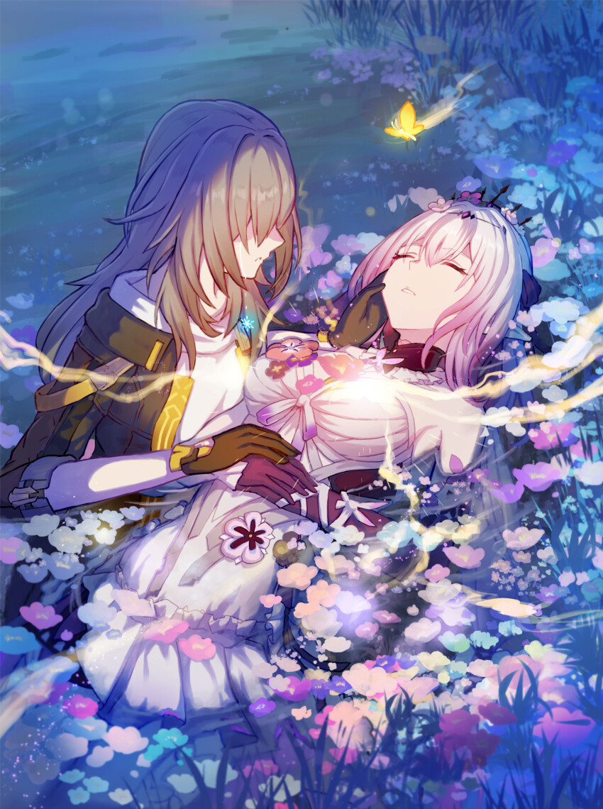 2girls absurdres black_gloves black_jacket black_tiara breasts castorice_(honkai:_star_rail) closed_eyes commentary_request commission dress field flower flower_field gloves grey_hair hair_flower hair_ornament hand_on_another&#039;s_cheek hand_on_another&#039;s_face highres honkai:_star_rail honkai_(series) isome jacket long_hair lying medium_breasts multiple_girls on_back parted_lips pixiv_commission pointy_ears purple_gloves purple_hair revision shirt stelle_(honkai:_star_rail) tiara trailblazer_(honkai:_star_rail) white_dress white_shirt