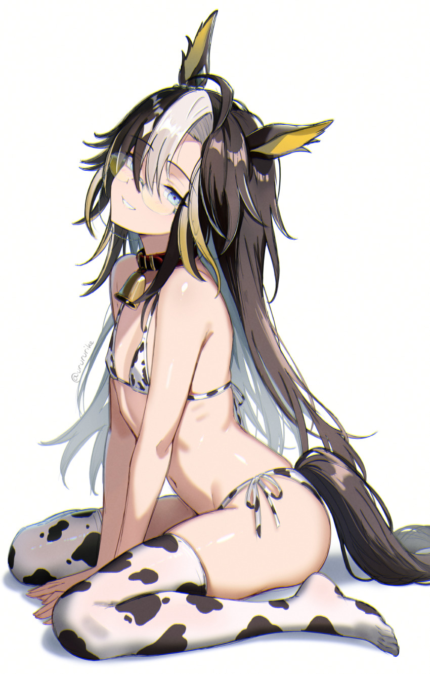 1girl alternate_costume animal_ears animal_print bell bikini blue_eyes brown_hair commentary_request cow_print cow_print_bikini cow_print_thighhighs cowbell dream_journey_(umamusume) flat_chest glasses hair_between_eyes highres horse_ears horse_girl horse_tail long_hair looking_at_viewer multicolored_hair navel neck_bell print_bikini print_thighhighs sitting solo swimsuit tail thighhighs twitter_username two-tone_hair umamusume urururike white_bikini white_thighhighs