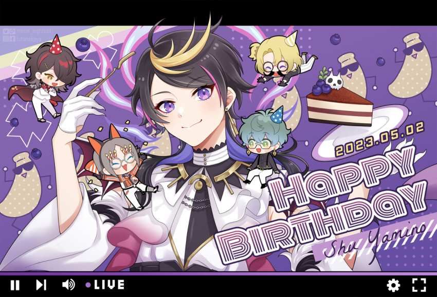 5boys beads black_hair blonde_hair bone cake chibi closed_mouth dated food fork gloves happy_birthday holding holding_fork ike_eveland long_hair looking_at_viewer luca_kaneshiro luxiem multicolored_gloves multicolored_hair multiple_boys mysta_rias nightcat nijisanji nijisanji_en pink_hair purple_eyes shirt shu_yamino shu_yamino_(1st_costume) smile streaked_hair virtual_youtuber vox_akuma white_gloves