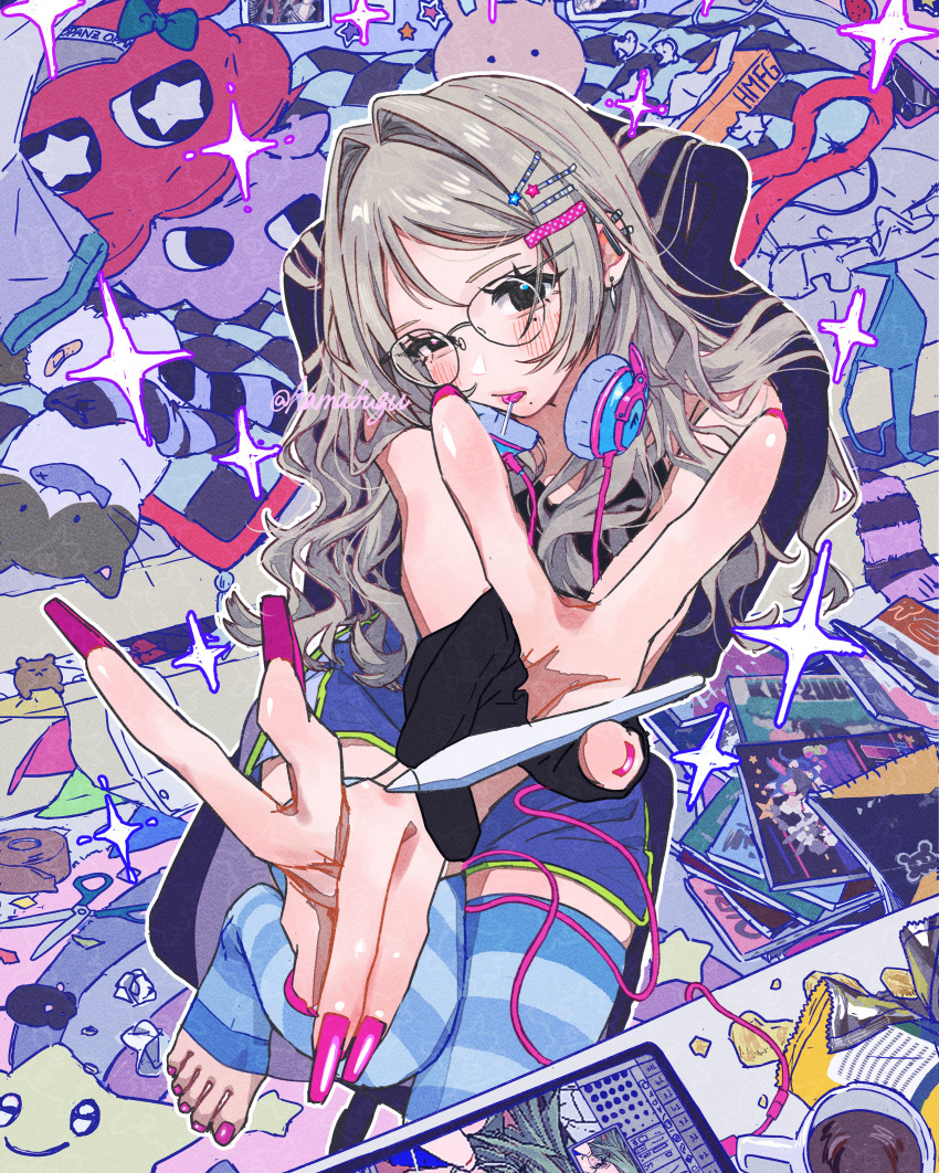1girl absurdres applying_manicure artist_name blue_shorts blue_theme book chair coffee double_v ear_piercing grey_hair hair_ornament hairclip hamafugu headphones headphones_around_neck highres holding holding_stylus lollipop_in_mouth long_hair looking_at_viewer office_chair on_chair original piercing pink_nails round_eyewear shorts solo striped_clothes striped_thighhighs stylus swivel_chair tablet_pc thighhighs toeless_legwear v