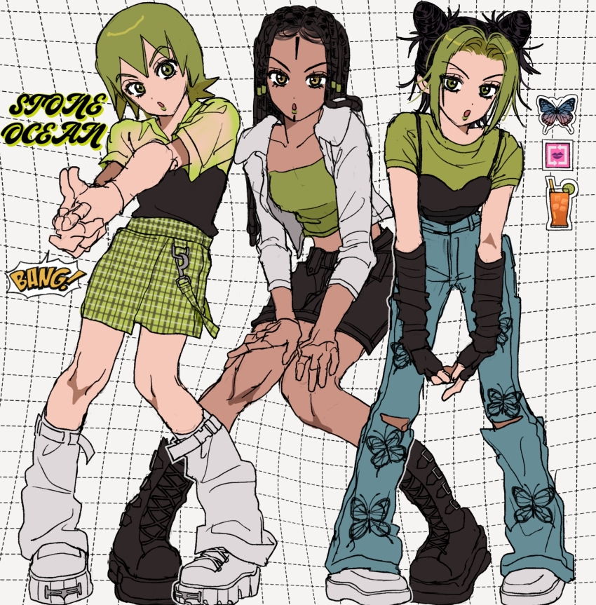 3girls alternate_costume animal_print black_boots black_hair black_skirt boots brown_hair bug butterfly butterfly_print clothing_cutout copyright_name cup dark-skinned_female dark_skin denim detached_sleeves double_bun dreadlocks drinking_glass drinking_straw english_text ermes_costello facial_mark finger_gun foo_fighters_(jojo) fu_r_y green_eyes green_hair green_tube_top grid_background hair_bun hands_on_own_knees highres insect jacket jeans jojo_no_kimyou_na_bouken knees_together_feet_apart kuujou_jolyne long_hair midriff multicolored_hair multiple_girls outline own_hands_together pants shoes short_hair shorts skirt sneakers stone_ocean strap strapless torn_clothes torn_pants tube_top two-tone_hair unmoving_pattern white_boots white_jacket white_outline white_shoes