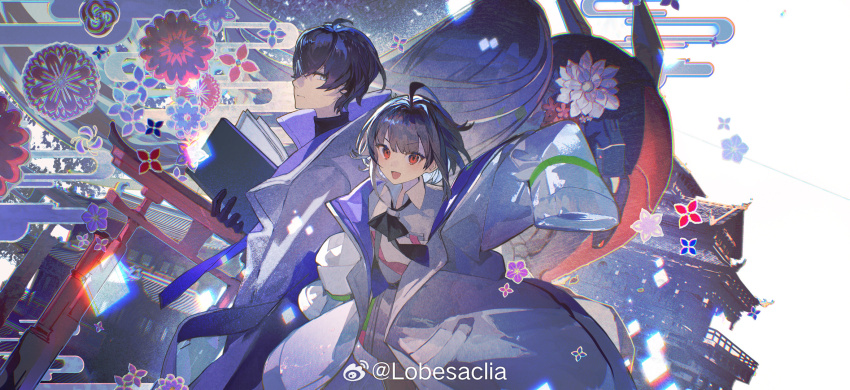 1boy 1girl ahoge architecture arm_up black_gloves black_hair black_necktie black_shirt book building character_request closed_mouth coat collared_coat collared_shirt cowboy_shot east_asian_architecture flower gloves grey_hair hair_intakes hair_over_one_eye happy highres holding holding_book lapels lobelia_(saclia) long_sleeves maimai_(game) miniskirt necktie notched_lapels open_mouth pleated_skirt purple_eyes red_eyes shirt short_hair skirt sleeves_past_fingers sleeves_past_wrists smile thighhighs torii turtleneck turtleneck_shirt watermark weibo_watermark white_coat white_shirt white_skirt white_thighhighs zettai_ryouiki