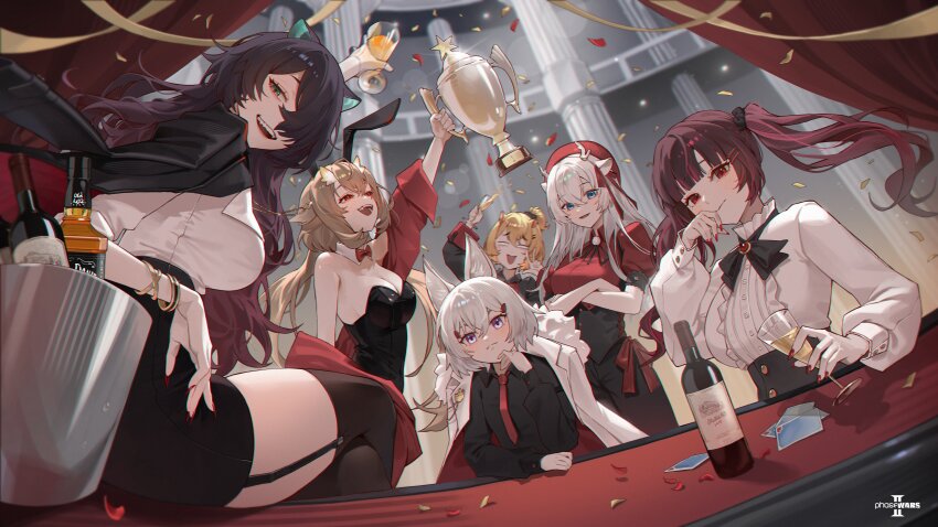 6+girls absurdres animal_ears artist_request black_corset black_garter_straps black_hair black_jacket black_leotard black_pants black_shirt black_skirt black_thighhighs blonde_hair blue_eyes bottle bow bowtie bracelet breasts buttons card center_frills cleavage closed_mouth coat coat_on_shoulders confetti corset crossed_arms crossed_legs cup detached_collar dragon_girl dragon_horns dress_shirt eimi_isami erina_makina fox_ears fox_girl frills garter_straps green_eyes hair_ornament hakushika_iori hamster_ears hamster_girl high-waist_skirt highres himemiya_rie holding holding_cup holding_trophy horns jack_daniel&#039;s jacket jacket_on_shoulders jewelry large_breasts leotard logo long_sleeves looking_at_viewer medium_breasts multicolored_hair multiple_girls necktie off_shoulder open_mouth pants phase_connect pink_hair playing_card red_bow red_bowtie red_brooch red_coat red_eyes red_nails red_necktie red_shirt second-party_source shadow shirt short_hair skirt smile streaked_hair tenma_maemi thighhighs tiger_ears trophy twintails utatane_nasa virtual_youtuber white_coat white_hair white_shirt wine_bottle