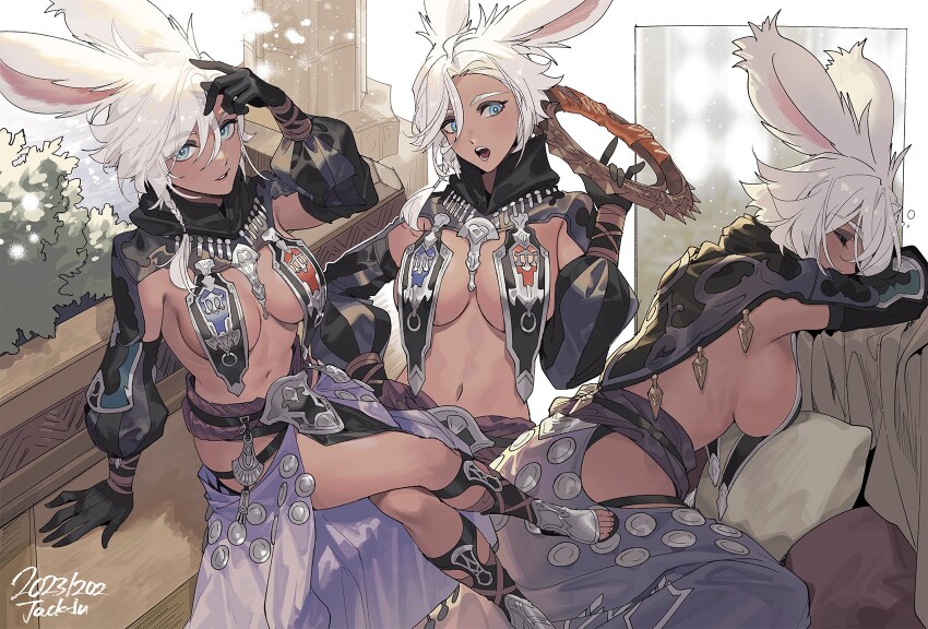 1girl animal_ears black_gloves blue_eyes breast_curtains breasts byuub chakram cleavage dancer_(final_fantasy) dark-skinned_female dark_skin final_fantasy final_fantasy_xiv gloves highres holding holding_weapon large_breasts long_skirt looking_at_viewer rabbit_ears shrug_(clothing) sideboob skirt viera warrior_of_light_(ff14) weapon white_hair