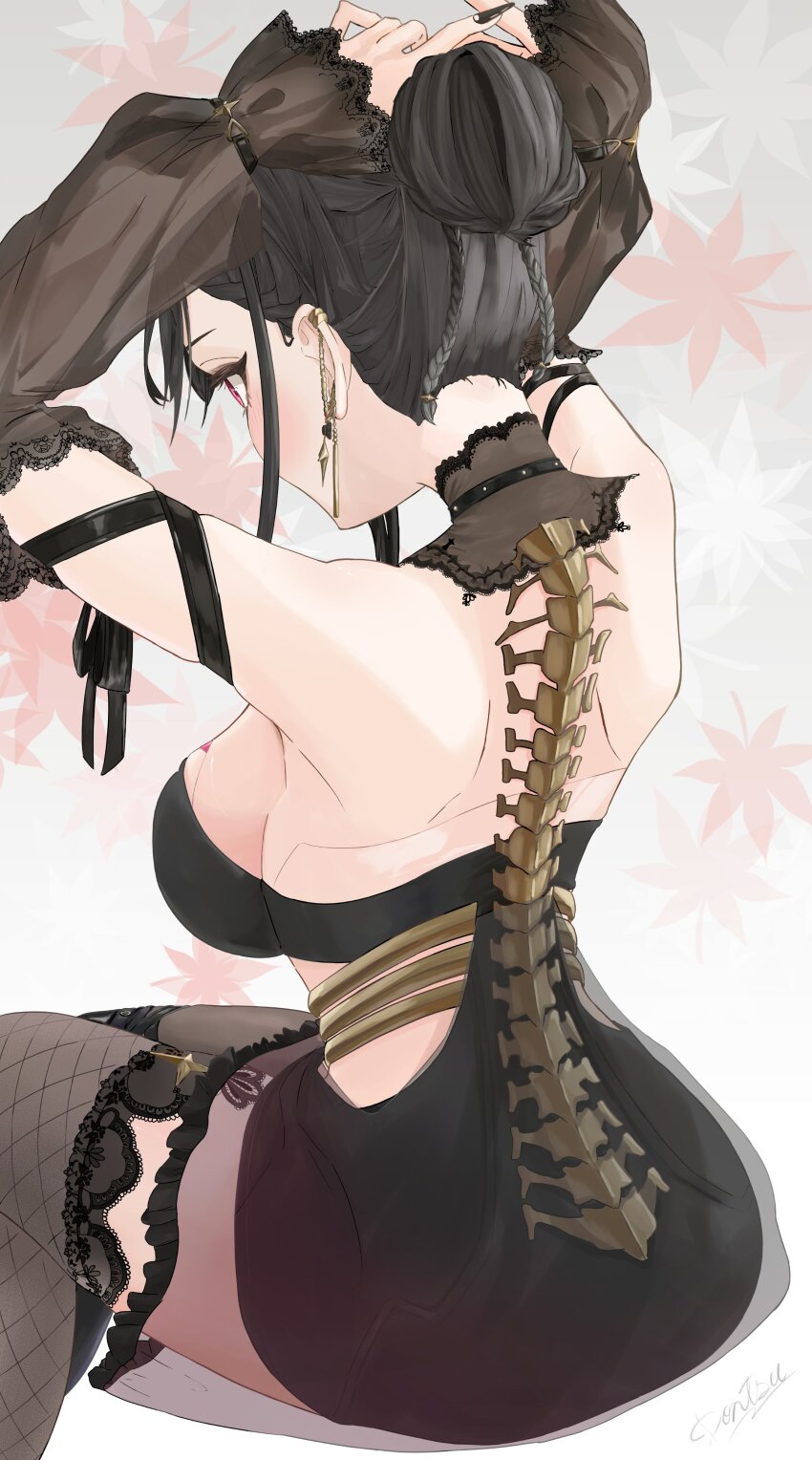 1girl absurdres arched_back arm_strap armpits arms_behind_head asymmetrical_legwear back bare_shoulders black_choker black_dress black_hair black_nails braid breasts choker detached_sleeves dontsu dress ear_chain earclip earrings eyeshadow fishnet_thighhighs fishnets from_behind hair_bun highres hip_vent invisible_chair jewelry kuroha_arya lace lace-trimmed_thighhighs lace_collar lace_trim layered_dress linked_piercing makeup pantyhose red_eyes see-through_clothes see-through_dress_layer see-through_sleeves sideboob single_thighhigh sitting sleeveless sleeveless_dress solo spine thighhighs tying_hair virtual_youtuber vspo! vspo!_en