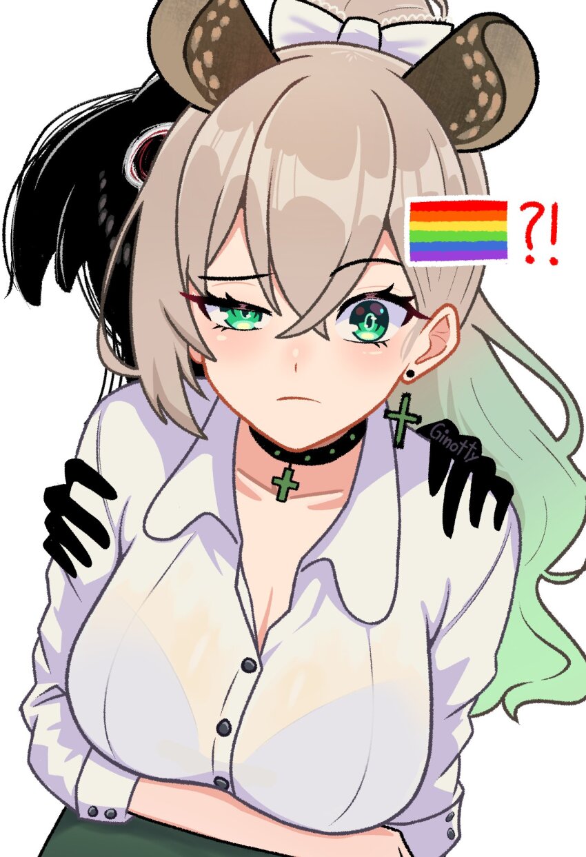 !? 1girl animal_ears bikini breasts brown_hair choker collarbone collared_shirt cross cross_choker crossed_arms earrings ginotty green_eyes highres indie_virtual_youtuber jewelry large_breasts long_hair long_sleeves looking_at_viewer medium_hair meme nimi_nightmare one_side_up pride_flag_question_mark_(meme) rainbow_flag see-through_clothes shirt simple_background solo swimsuit tapir tapir_ears tapir_girl translucent transparent virtual_youtuber white_background