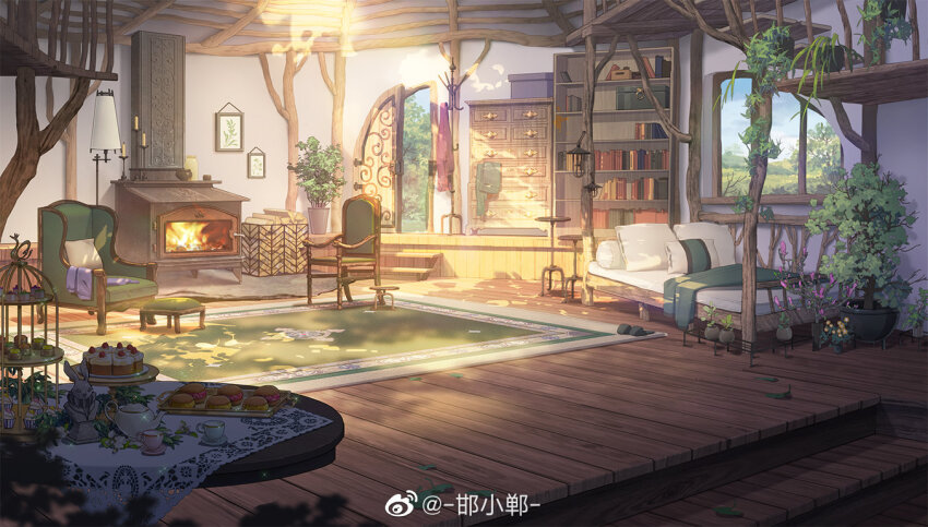 armchair bed bookshelf branch bust_(sculpture) cake cake_slice cake_stand candle candlestand canopy_bed chair chest_of_drawers chimney coat coat_rack cup cupcake dappled_sunlight day fireplace firewood flower food footstool hanxiaodan indoors lamp lantern leaf lovebrush_chronicles macaron no_humans official_art open_door photo_(object) pink_flower plant potted_plant rug saucer scenery shelf slippers stairs stool sunlight table tablecloth teacup teapot tiered_tray tree unworn_coat unworn_slippers watermark weibo_watermark window wooden_door wooden_floor wooden_table yellow_flower