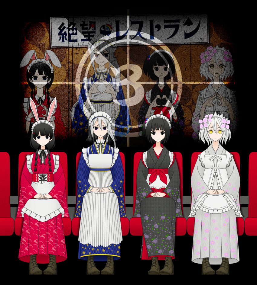 4girls alternate_costume amemori_sayo animal_ears animal_print anniversary apron artist_self-reference black_eyes black_hair black_kimono blue_kimono boots braid brown_footwear closed_mouth club_(shape) commentary_request countdown_timer cross-laced_footwear diamond_(shape) diamond_hands expressionless fake_animal_ears floral_print floral_print_kimono grey_hair grey_kimono hair_over_shoulder hands_on_lap heart heart_hands highres higuchi_kaede hinoyama_ena japanese_clothes kimono kudou_chitose kumeta_kouji_(style) lineup long_hair long_sleeves looking_at_viewer low_twin_braids maid maid_headdress movie_theater multiple_girls multiple_views nijisanji one_side_up parody ponytail print_kimono rabbit_ears rabbit_print red_kimono sayonara_zetsubou_sensei short_hair sitting spade_(shape) star_(symbol) star_print style_parody theater_seating tsukino_mito twin_braids virtual_youtuber wa_maid white_apron white_hair wide_sleeves yellow_eyes