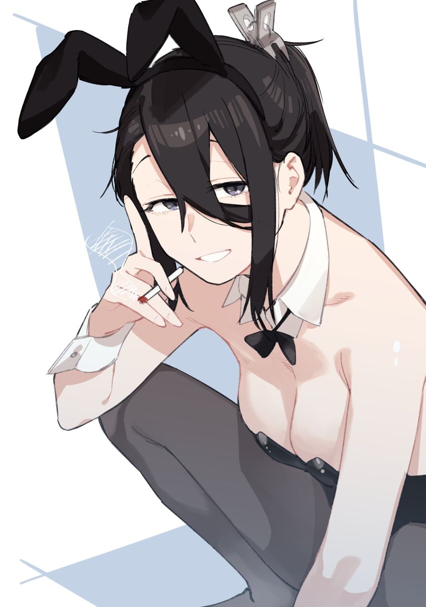 1girl absurdres animal_ears black_hair black_leotard bow bowtie breasts cigarette cleavage detached_collar fake_animal_ears highres hiratsuka_satomi holding holding_cigarette leotard looking_at_viewer medium_breasts muchi_maro pantyhose playboy_bunny ponytail rabbit_ears seitokai_ni_mo_ana_wa_aru! short_ponytail solo squatting strapless strapless_leotard wrist_cuffs