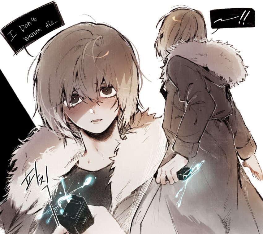 1boy blonde_hair brown_coat brown_eyes coat electricity english_text fur-trimmed_coat fur_trim highres holding holding_weapon homicipher korean_commentary korean_text looking_at_viewer male_focus mr._human multiple_views short_hair sweeeet_him taser translation_request weapon white_background