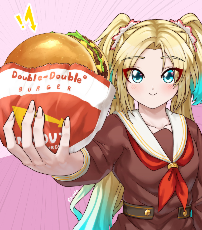 ! 1girl :&gt; absurdres alt_text arrow_(symbol) blonde_hair blue_eyes blue_hair blush brown_dress burger closed_mouth commentary dress emphasis_lines english_commentary flower food foreshortening gradient_hair hair_flower hair_ornament hasu_no_sora_school_uniform highres holding holding_burger holding_food in-n-out_burger krakelak light_blue_hair link!_like!_love_live! long_hair long_sleeves looking_at_viewer love_live! multicolored_hair neckerchief osawa_rurino parted_bangs pink_background pink_flower red_neckerchief sailor_collar sailor_dress school_uniform smile solo split_mouth twintails upper_body virtual_youtuber white_sailor_collar winter_uniform