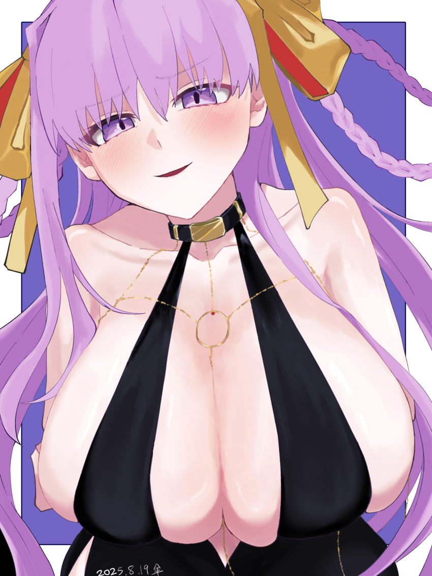 1girl bare_shoulders bb_(fate) bb_dubai_(fate) black_dress blush braid braided_hair_rings breasts center_opening cleavage dress fate/grand_order fate_(series) furrowed_brow hair_ribbon hair_rings highres huge_breasts jewelry long_hair looking_at_viewer necklace presenting_breasts purple_eyes purple_hair reo_slud ribbon side_slit sideboob smile solo twin_braids very_long_hair yellow_ribbon