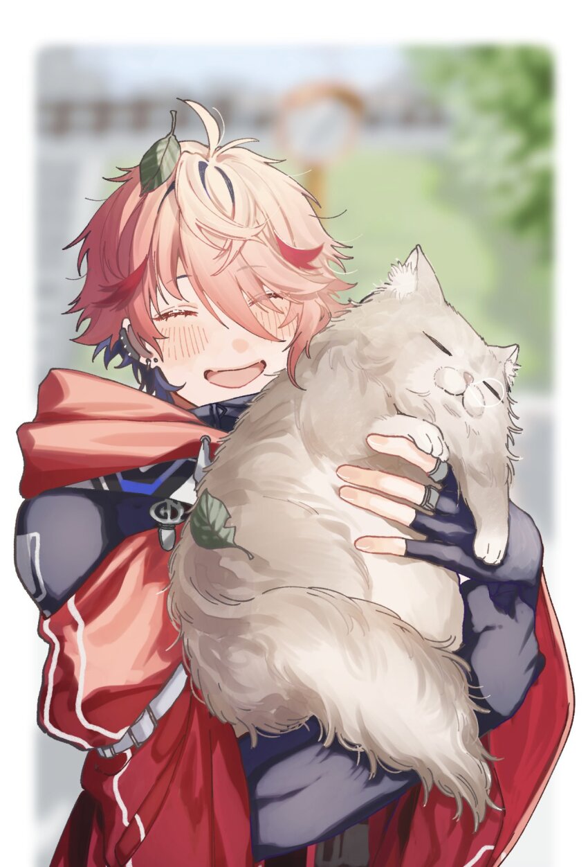 1boy :d ^_^ ahoge animal black_gloves black_hair blurry blurry_background blush border cat closed_eyes coat commentary_request drawstring ear_piercing earclip earrings fingerless_gloves gloves hair_between_eyes highres holding holding_animal holding_cat hood hood_down hooded_coat jewelry kaburagi_(pnoir087) leaf leaf_on_head long_sleeves male_focus multicolored_hair nijisanji nose_bubble open_mouth outside_border piercing pink_hair red_coat red_hair seraph_dazzlegarden seraph_dazzlegarden_(1st_costume) short_hair smile solo streaked_hair stud_earrings virtual_youtuber white_border wide_sleeves