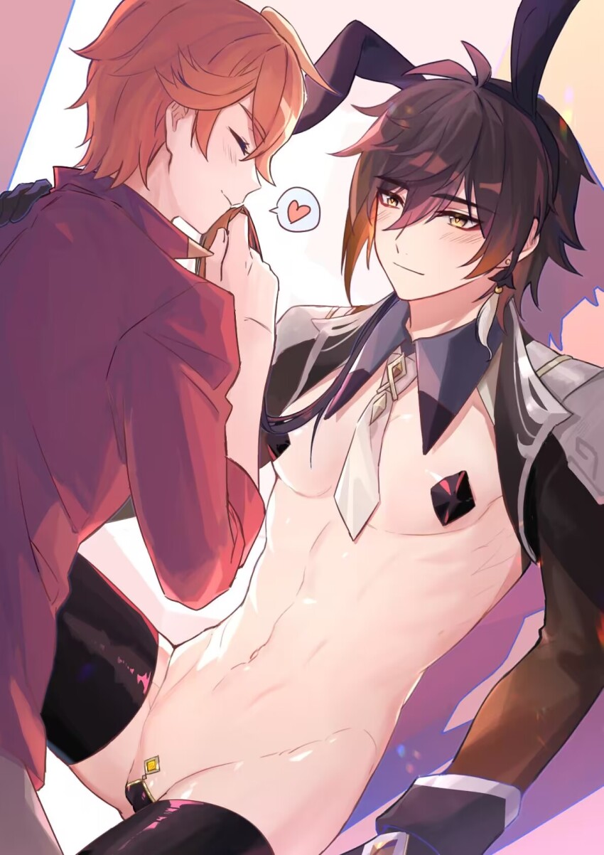 10351184 2boys alternate_costume animal_ears cuntboy cuntboy_with_male fake_animal_ears genshin_impact heart highres kissing_hair maebari meme_attire multiple_boys necktie pasties rabbit_ears reverse_bunnysuit reverse_outfit shrug_(clothing) speech_bubble stripper tartaglia_(genshin_impact) thighhighs yaoi zhongli_(genshin_impact)