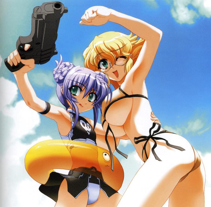 00s 2girls al_azif_(demonbane) armpits bikini blonde_hair breasts day demonbane double_bun dunsany flat_chest glasses gun hair_bun halftone handgun highres huge_breasts innertube leica_(demonbane) moire multiple_girls nishii_(damnedrive) one_eye_closed pistol purple_hair scan side-tie_bikini_bottom standing swim_ring swimsuit underboob weapon wink