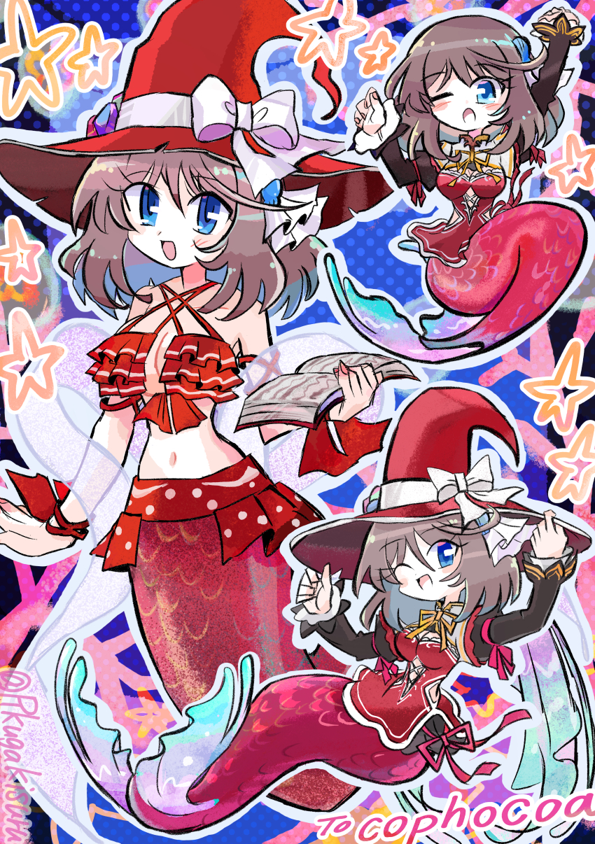 absurdres bikini bikini_skirt blue_eyes book commentary commission fins hat highres holding holding_book isla_(cophocoa) kneeless_mermaid mermaid monster_girl original rakugaki_shitagari-ya red_bikini red_tail ribbon scales seashell shell shell_hair_ornament signature skeb_commission star_(symbol) stretching swimsuit swimsuit_skirt white_ribbon witch_hat wrist_ribbon yawning