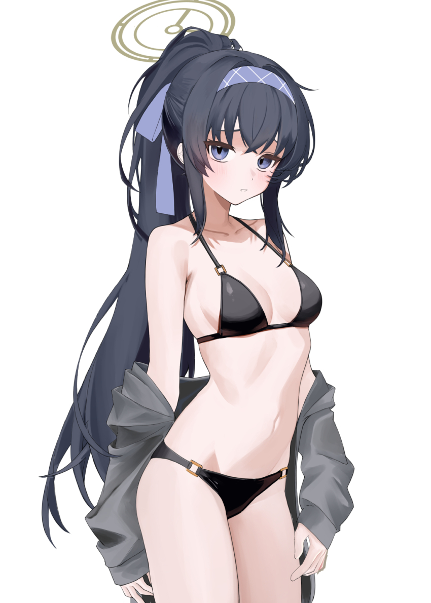 1girl bags_under_eyes bikini black_bikini black_hair blue_archive breasts brown_halo cardigan commentary cowboy_shot grey_cardigan hairband halo highres long_hair looking_at_viewer o-ring o-ring_bikini official_alternate_costume ponytail purple_hairband ritaiya simple_background small_breasts solo swimsuit ui_(blue_archive) ui_(swimsuit)_(blue_archive) white_background