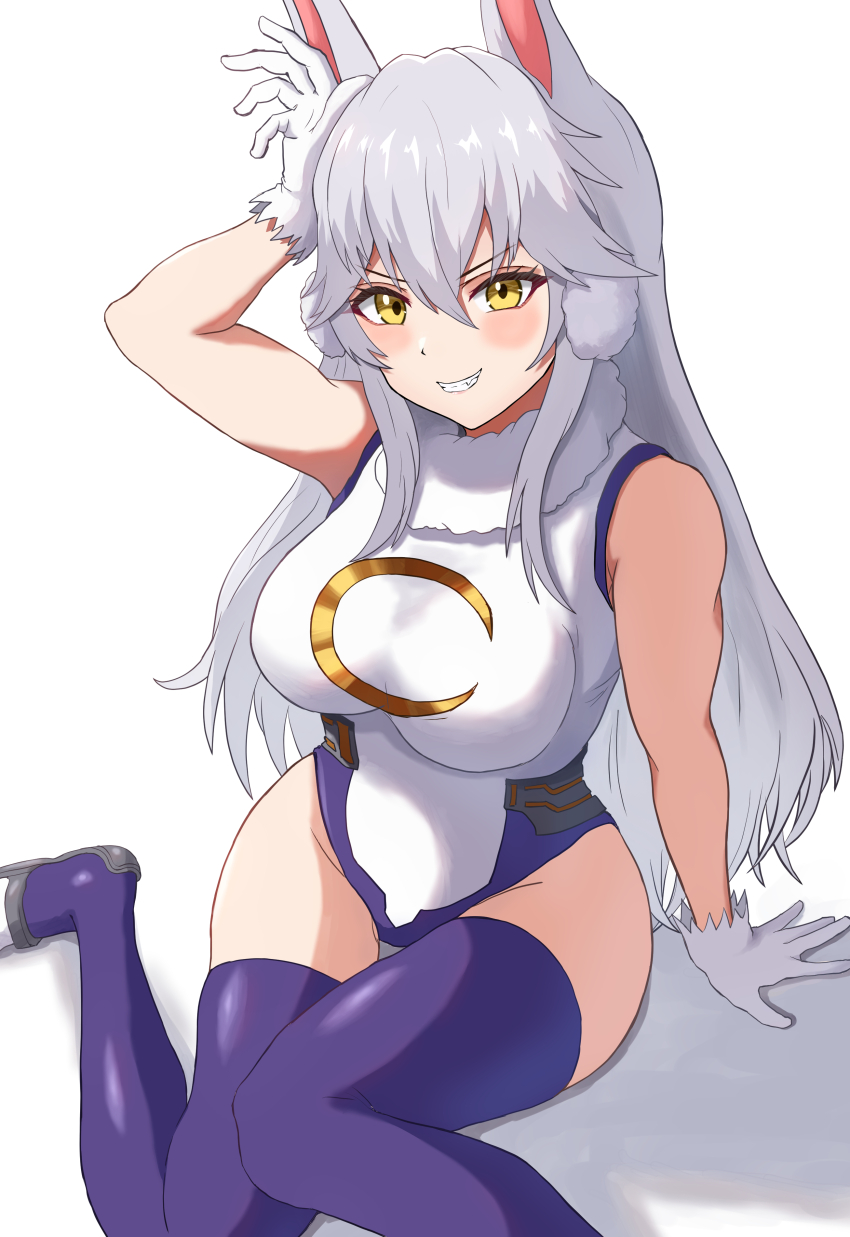 1girl absurdres animal_ears blush boku_no_hero_academia breasts closed_mouth cosplay gloves highres large_breasts leotard long_hair looking_at_viewer meibin mirko mirko_(cosplay) purple_thighhighs rabbit_ears rabbit_girl sidelocks smile solo thighhighs very_long_hair virtual_youtuber vshojo white_background white_gloves white_hair white_leotard yellow_eyes zentreya zentreya_(cyborg)