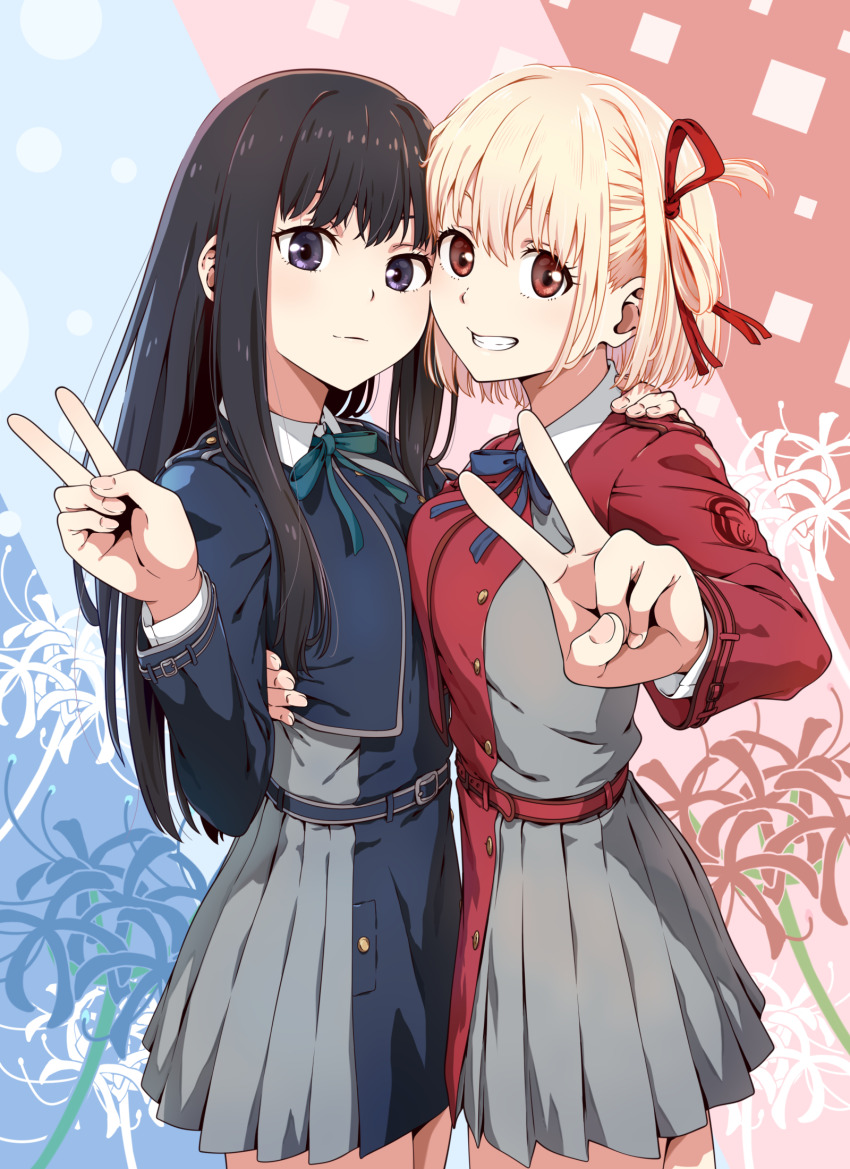 2girls asymmetrical_docking belt black_hair bleachist blonde_hair blue_background blue_belt blue_dress breast_press buttons closed_mouth commentary_request cowboy_shot dress eyebrows_hidden_by_hair eyelashes fingernails floral_background flower grey_dress grin hair_between_eyes hair_ribbon hand_on_another&#039;s_shoulder hand_up happy highres hug inoue_takina light_blush long_hair looking_at_viewer lycoris_recoil lycoris_uniform multiple_girls nishikigi_chisato one_side_up pink_background pleated_dress purple_eyes red_belt red_dress red_eyes red_ribbon ribbon short_hair simple_background smile spider_lily straight_hair tareme tsurime two-tone_background two-tone_dress v