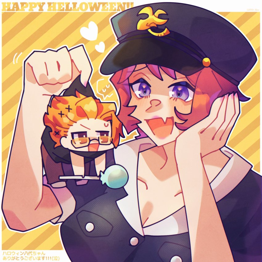1boy 1girl blue_eyes blush breasts candy carrying chibi cleavage eyebrows eyelashes fang food glasses hand_on_own_cheek hand_on_own_face hat highres hiyo_qre kariya_koki large_breasts lollipop mini_person miniboy open_mouth orange_hair pink_hair police police_hat police_uniform policewoman rectangular_eyewear shin_subarashiki_kono_sekai short_hair skin_fang smile subarashiki_kono_sekai sweatdrop yashiro_uzuki