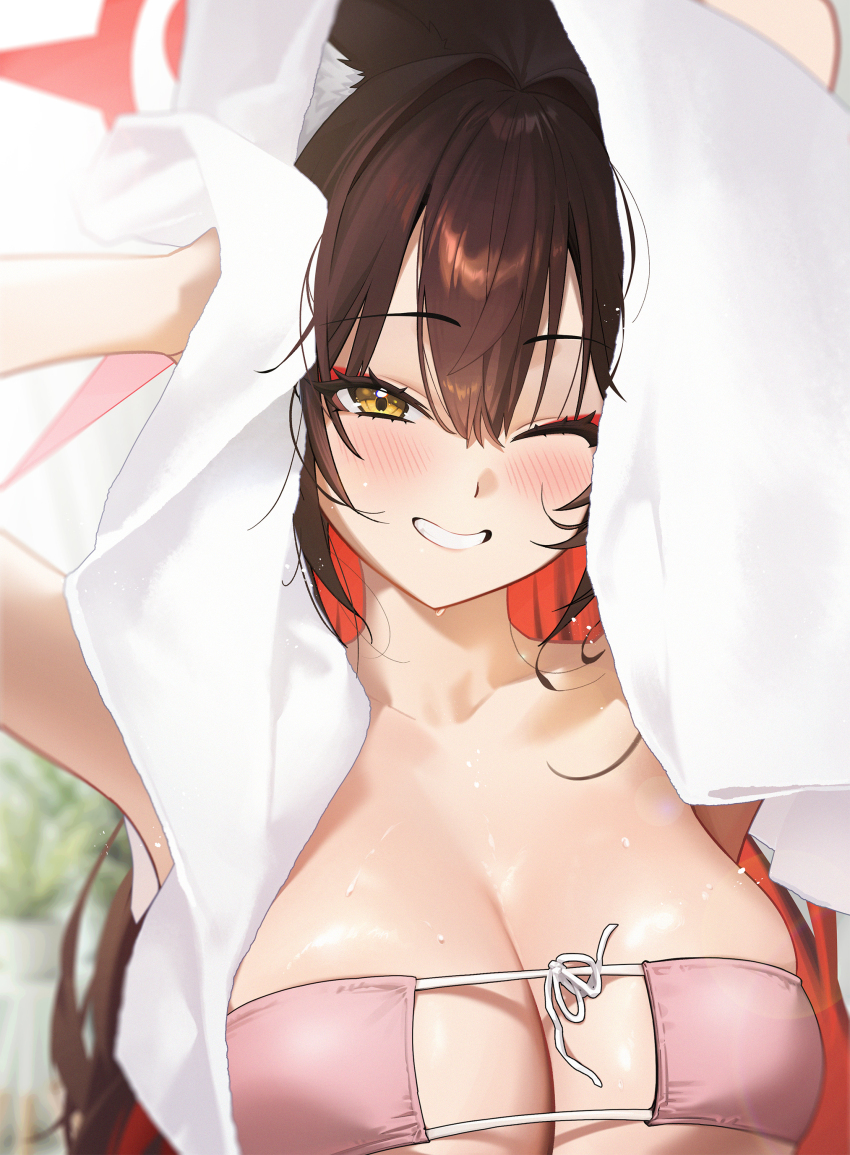1girl absurdres animal_ear_fluff animal_ears bikini blue_archive blurry blurry_background blush breasts cleavage collarbone daehoak eyepatch_bikini fox_ears fox_girl hair_between_eyes halo highres holding holding_towel large_breasts long_hair looking_at_viewer one_eye_closed pink_bikini red_halo smile solo swimsuit towel towel_on_head wakamo_(blue_archive) wet yellow_eyes