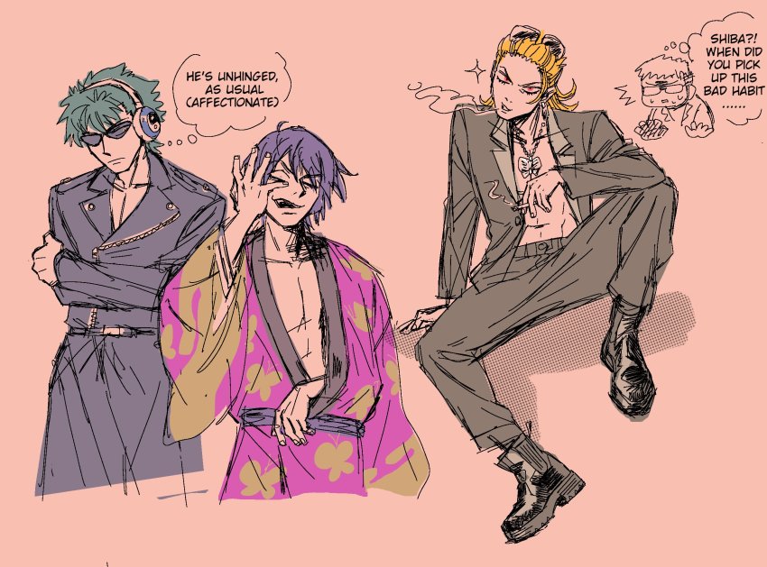 4boys animal_print black_footwear black_jacket blonde_hair butterfly_necklace butterfly_print english_text evil_smile gintama glasses green_hair headphones highres hishima_(ntwewy) jacket japanese_clothes kawakami_bansai kimono male_focus multiple_boys no_shirt one_eye_closed open_clothes open_jacket purple_kimono rectangular_eyewear red_eyes shiba_(ntwewy) shin_subarashiki_kono_sekai smile smoking speech_bubble subarashiki_kono_sekai sunglasses sunglasses_on_head sweatdrop takasugi_shinsuke thinking