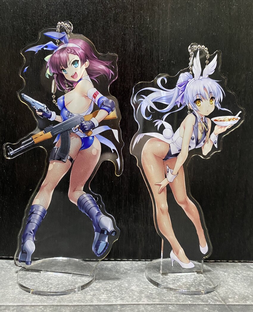 2girls :d alternate_costume alternate_hairstyle angel angel_beats! animal_ear_hairband animal_ears aqua_eyes ass backboob bare_shoulders black_footwear black_gloves black_leotard blue_leotard boots bow braid breasts commentary_request curvy detached_collar fake_animal_ears fake_tail fake_wings fingerless_gloves fishnet_pantyhose fishnets floating_hair food from_behind full_body gloves green_bow gun hair_bow hairband hand_on_own_thigh handgun high_heels highleg highleg_leotard highres holding holding_gun holding_plate holding_weapon leaning_forward leotard long_hair looking_at_viewer looking_back mapo_tofu medium_breasts medium_hair multiple_girls nakamura_yuri neck_ribbon nontraditional_playboy_bunny open_mouth pantyhose parted_lips photo_(medium) plate playboy_bunny ponytail purple_bow purple_hair rabbit_ear_hairband rabbit_ears rabbit_tail ribbon round_teeth sidelocks small_breasts smile standing strapless strapless_leotard tail teeth tenshi_(angel_beats!) thighs torn_clothes torn_pantyhose upper_teeth_only weapon white_footwear white_hair white_hairband white_wrist_cuffs wings wrist_cuffs yellow_eyes yellow_ribbon zen_(kamuro)