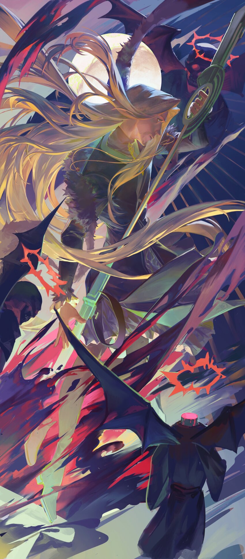 024_(1a41a4) 1boy absurdres beard black_fur blonde_hair demon_wings facial_hair fate/apocrypha fate/grand_order fate_(series) full_body fur_shawl goatee halo headless highres holding holding_polearm holding_weapon long_hair long_sleeves male_focus mustache polearm shawl skull solo spiked_halo standing standing_on_one_leg vlad_iii_(fate/apocrypha) weapon wings