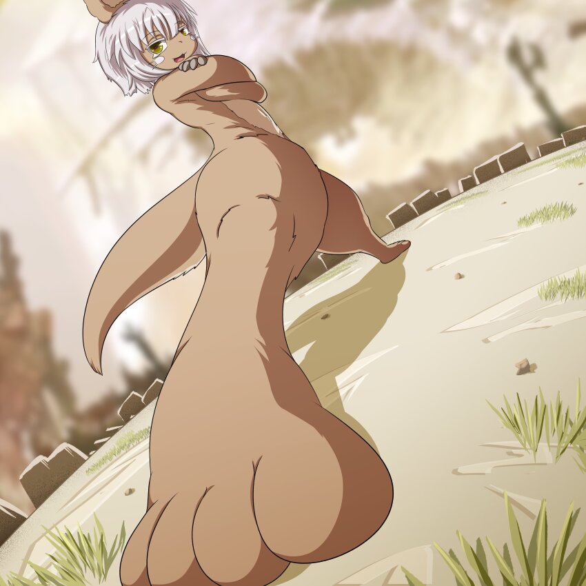 1other absurdres androgynous blurry blurry_background commentary completely_nude crossed_arms english_commentary foreshortening full_body furry grass grey_hair highres looking_at_viewer made_in_abyss meme nanachi_(made_in_abyss) nude open_mouth other_focus short_hair smile smugbuns solo standing yellow_eyes